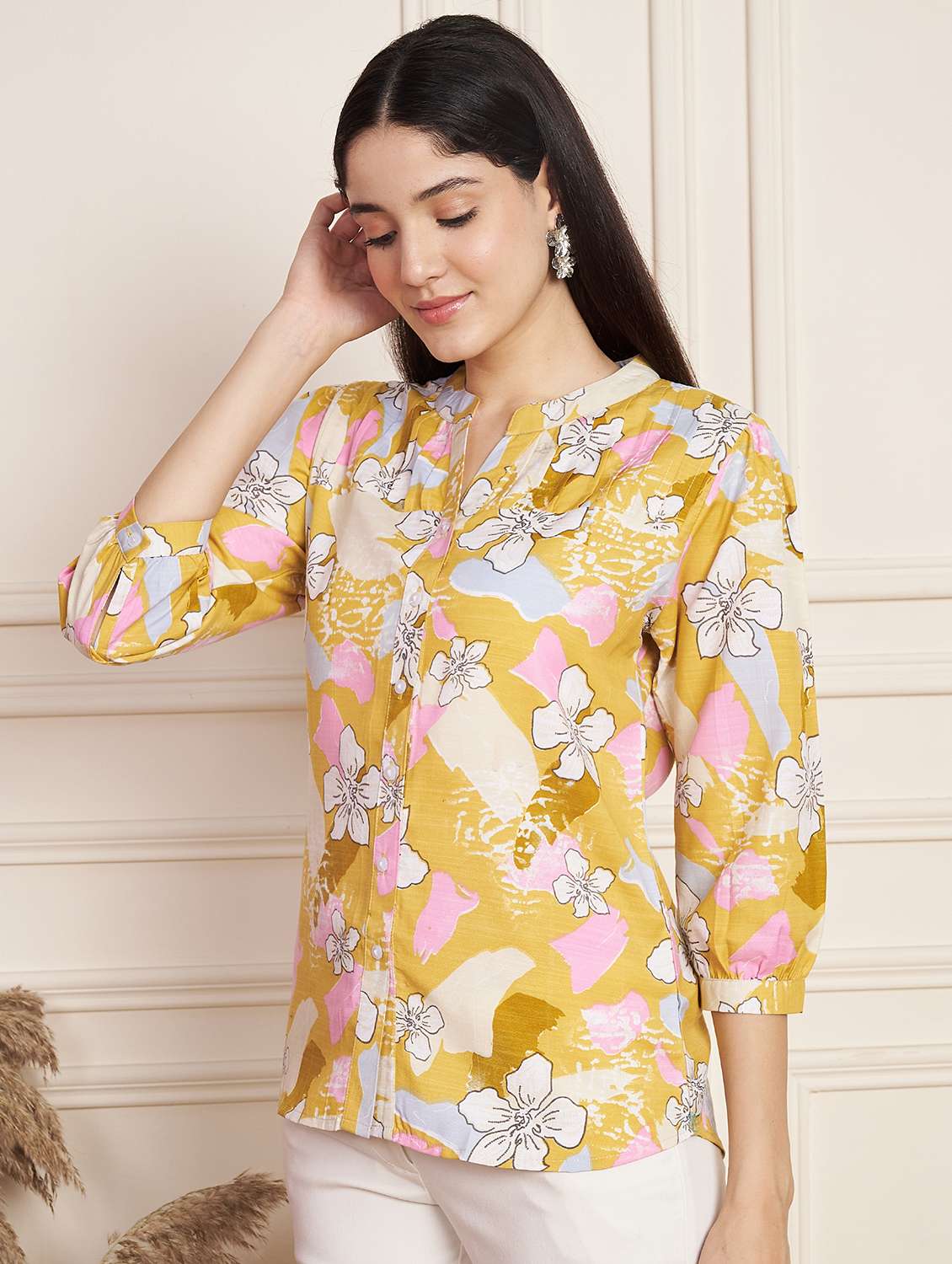 women floral print mandarin neck egular top - 22078251 - Standard Image - 2