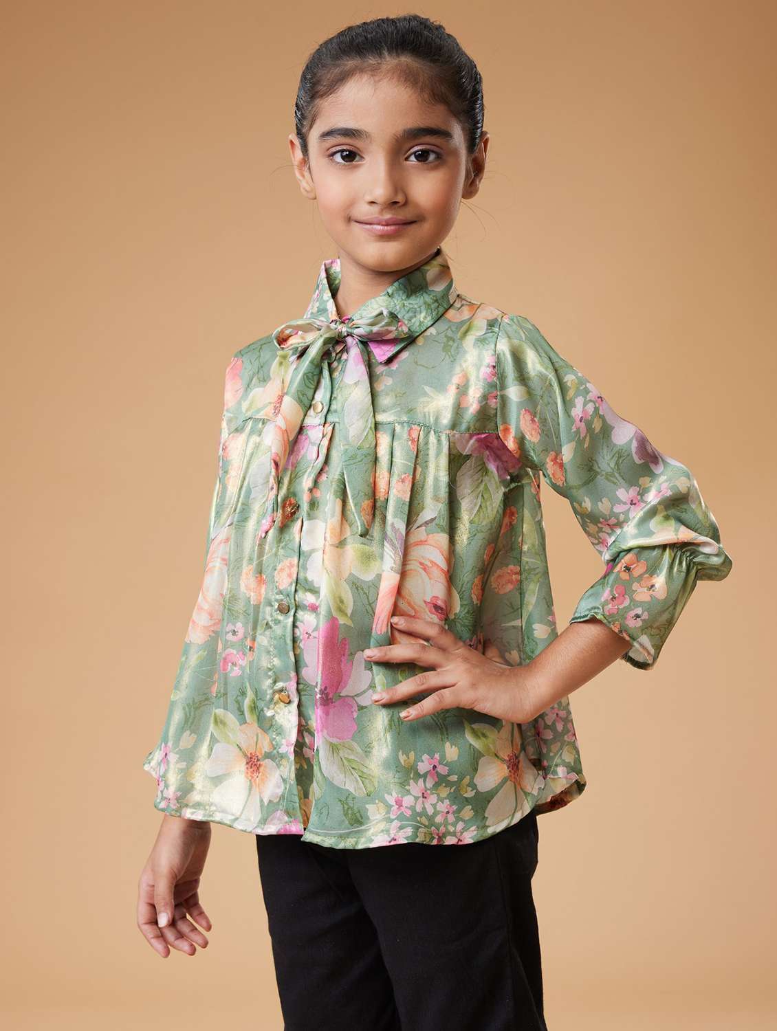 girls floral print tie-up neck long sleeve  top