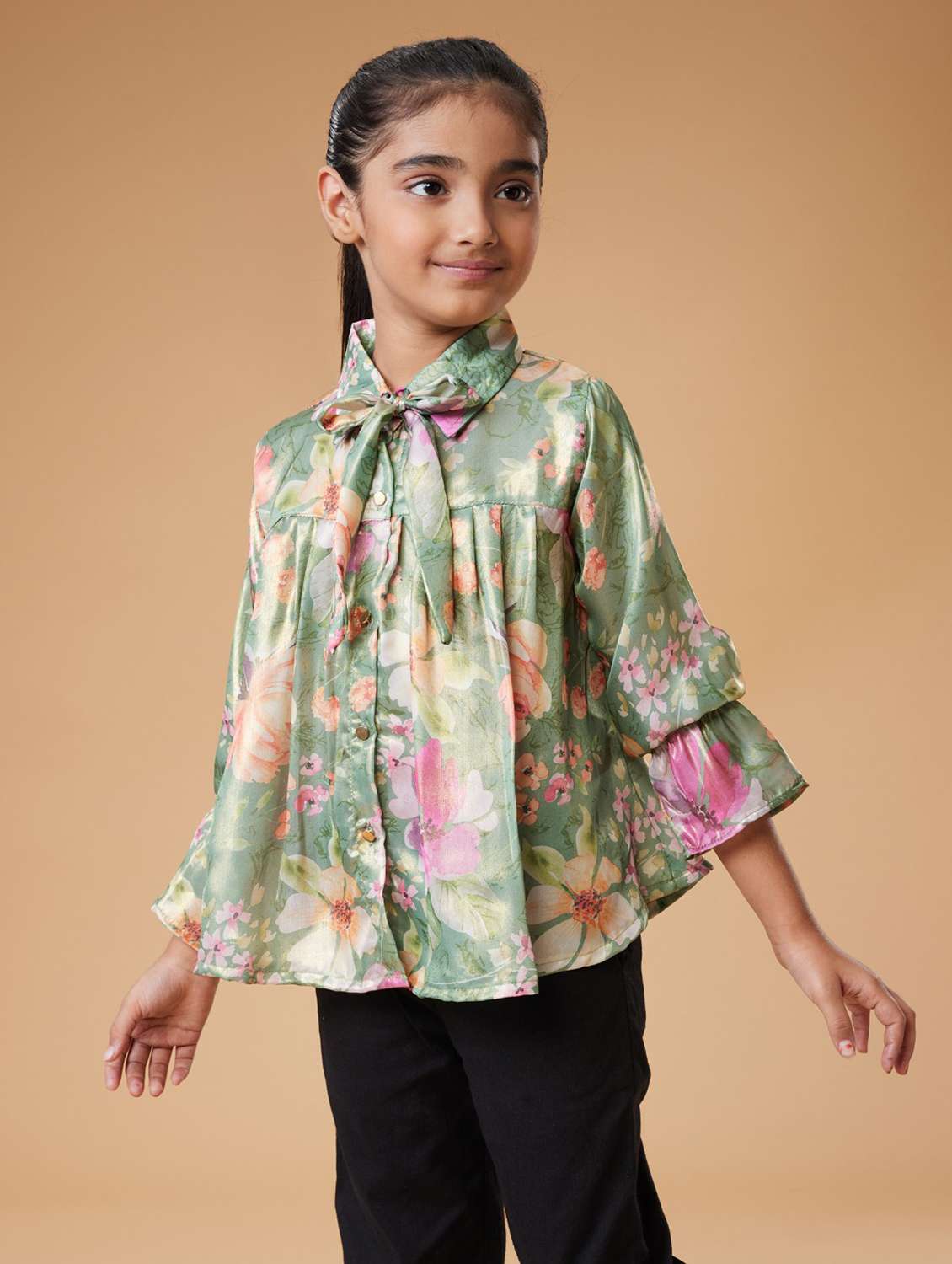 girls floral print tie-up neck long sleeve top - 22078330 - Standard Image - 2