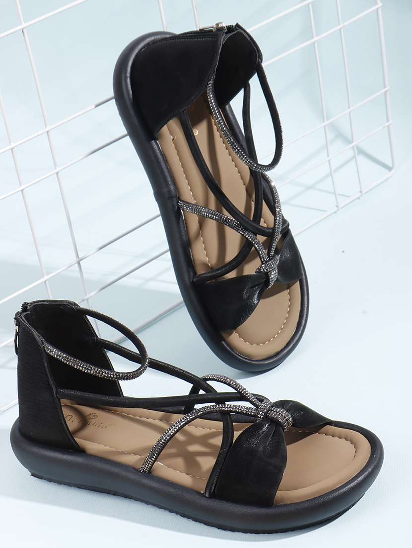 women black solid strappy gladiators flats