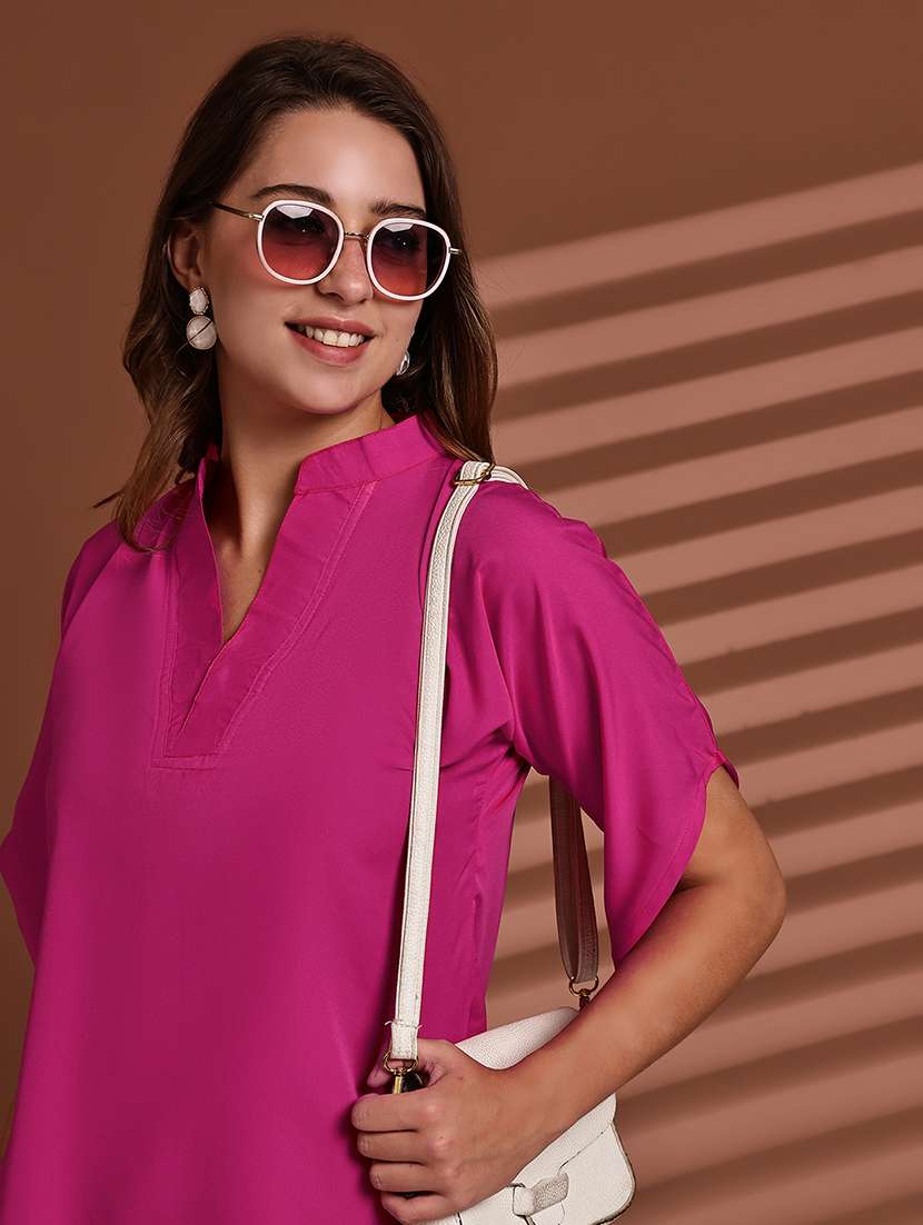 women solid mandarin neck short sleeve top