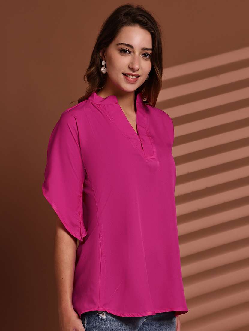 women solid mandarin neck short sleeve top - 22078363 -  Standard Image - 2