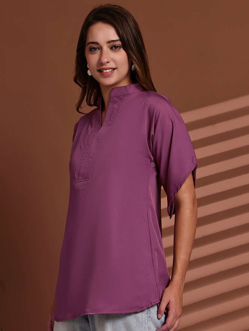 women solid mandarin neck short sleeve top - 22078364 -  Standard Image - 2
