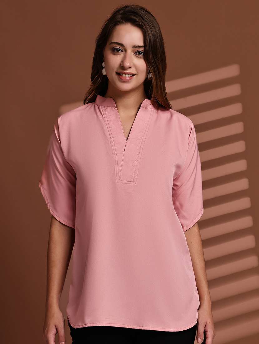 women solid mandarin neck short sleeve top - 22078365 -  Standard Image - 2