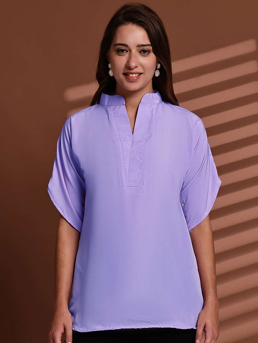 women solid mndarin neck short sleeve top - 22078366 -  Standard Image - 2