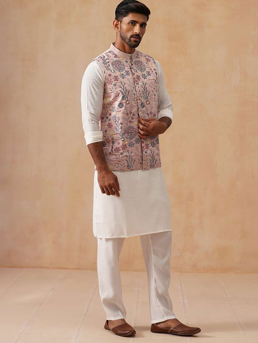 men solid with work mandarin neck regular fit nehru jacket - 22078367 -  Standard Image - 2