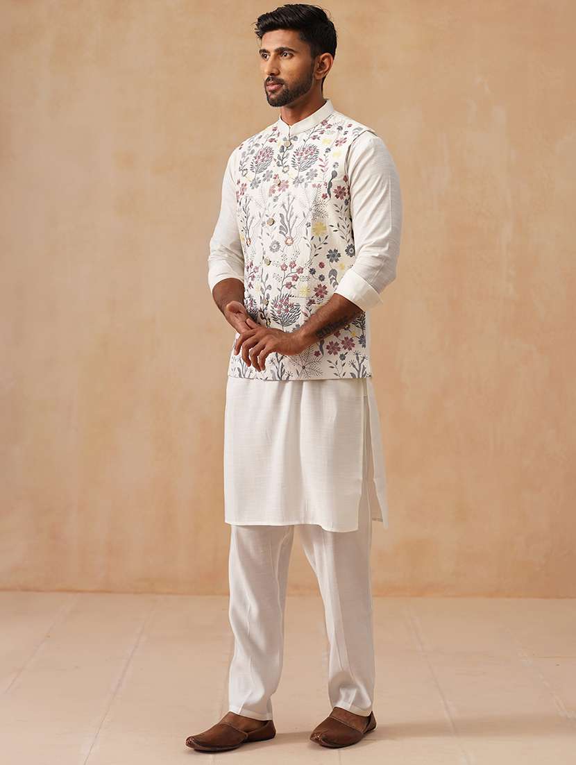 men solid with work mandarin neck regular fit nehru jacket - 22078368 -  Standard Image - 2