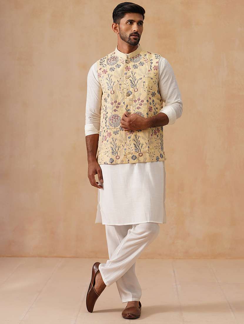 men solid with work mandarin neck regular fit nehru jacket