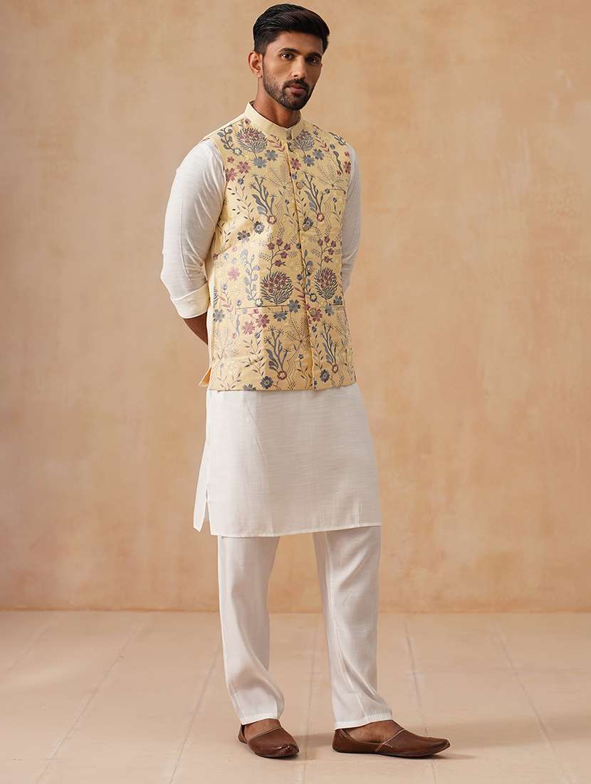 men solid with work mandarin neck regular fit nehru jacket - 22078369 -  Standard Image - 2