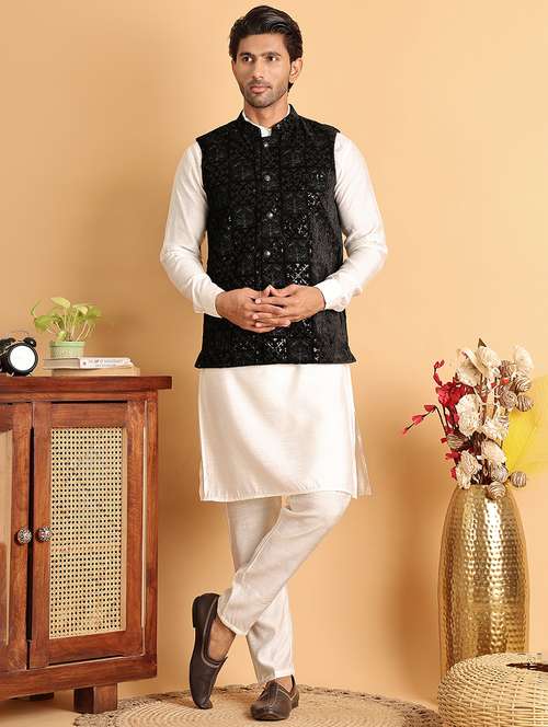 men solid with work mandarin neck regular fit nehru jacket - 22078370 -  Standard Image - 0