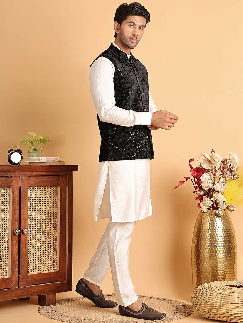 men solid with work mandarin neck regular fit nehru jacket - 22078370 -  Standard Image - 2