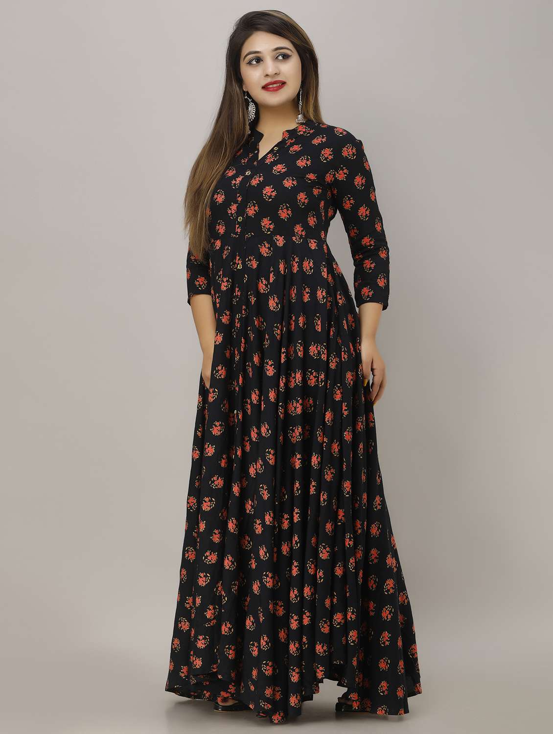 women floral printed three quarter sleeve flared ethnic dress - 22078417 - Standard Image - 2