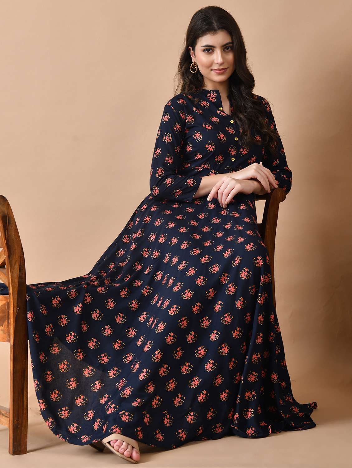 women floral printed three quarter sleeve flared ethnic dress - 22078418 - Standard Image - 2