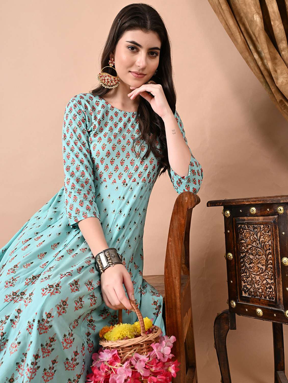 women floral printed three quarter sleeve anarkali ethnic dress - 22078419 - Standard Image - 2