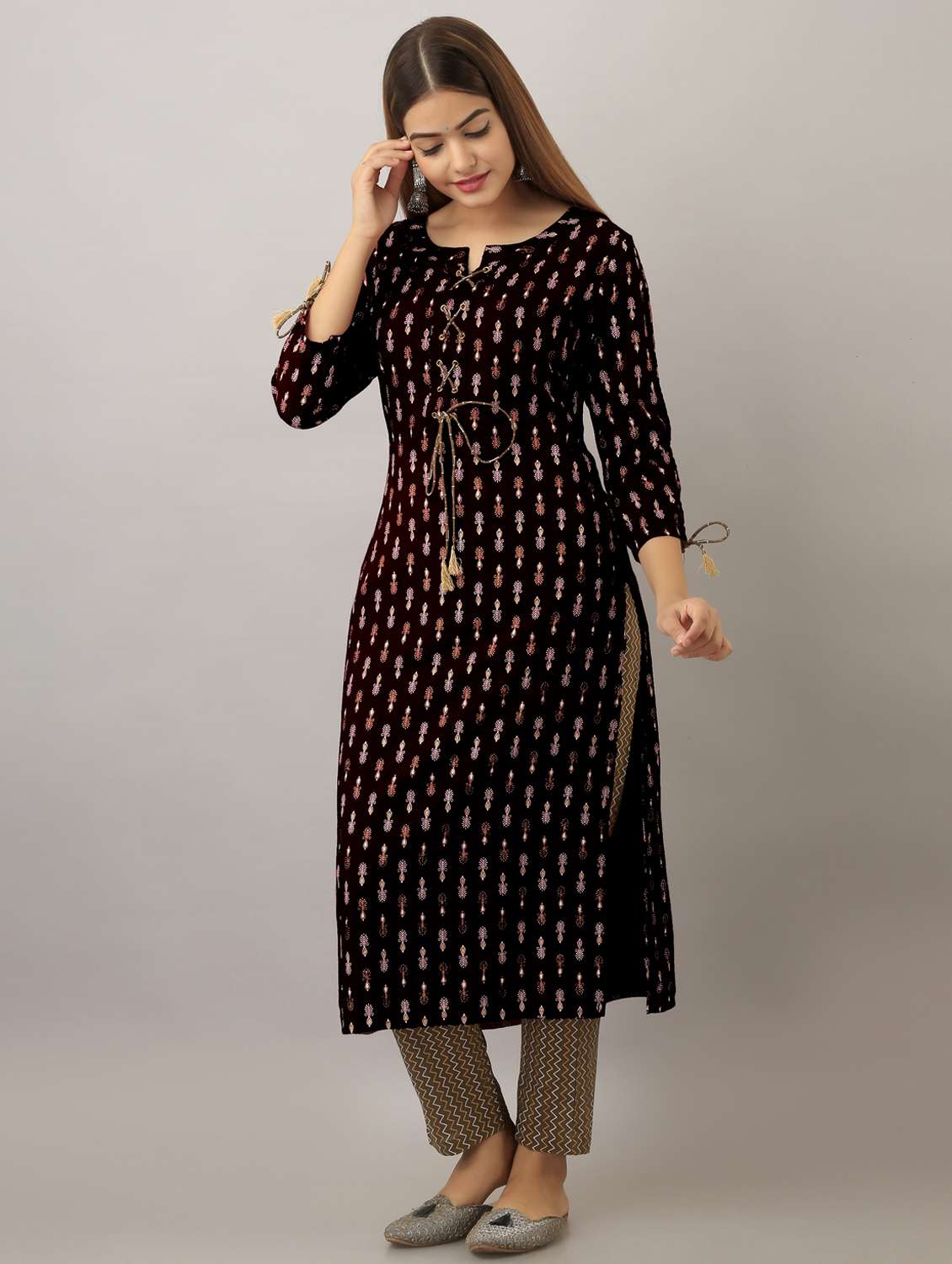 women printed three quarter sleeve straight kurta - 22078421 - Standard Image - 2