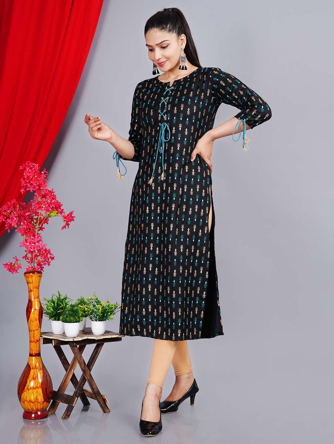 women printed three quarter sleeve straight kurta - 22078422 - Standard Image - 2