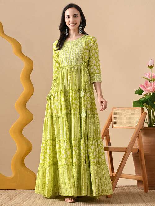 women floral printed three quarter sleeve tiered ethnic dress - 22078423 -  Standard Image - 0