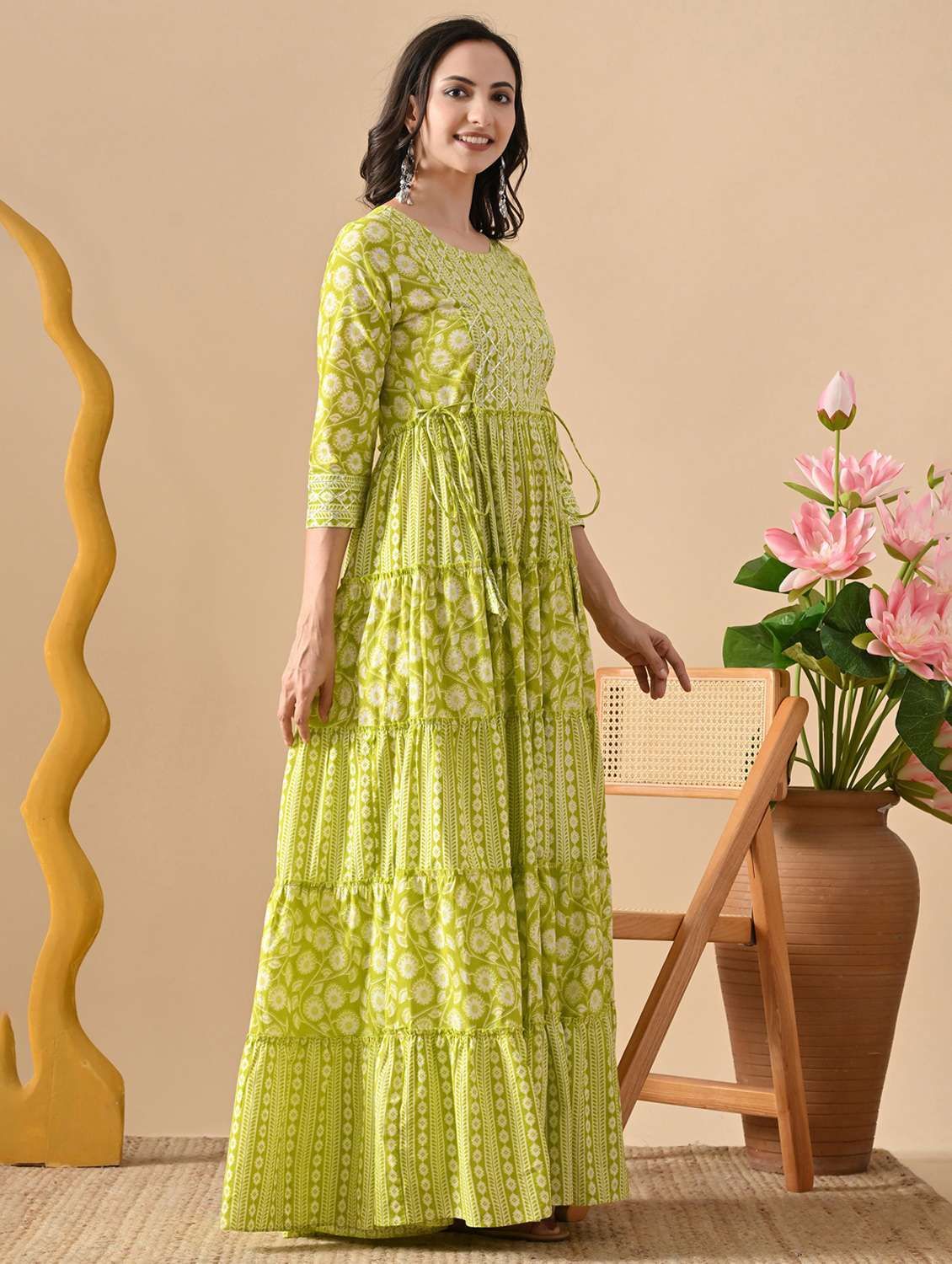 women floral printed three quarter sleeve tiered ethnic dress - 22078423 - Standard Image - 2