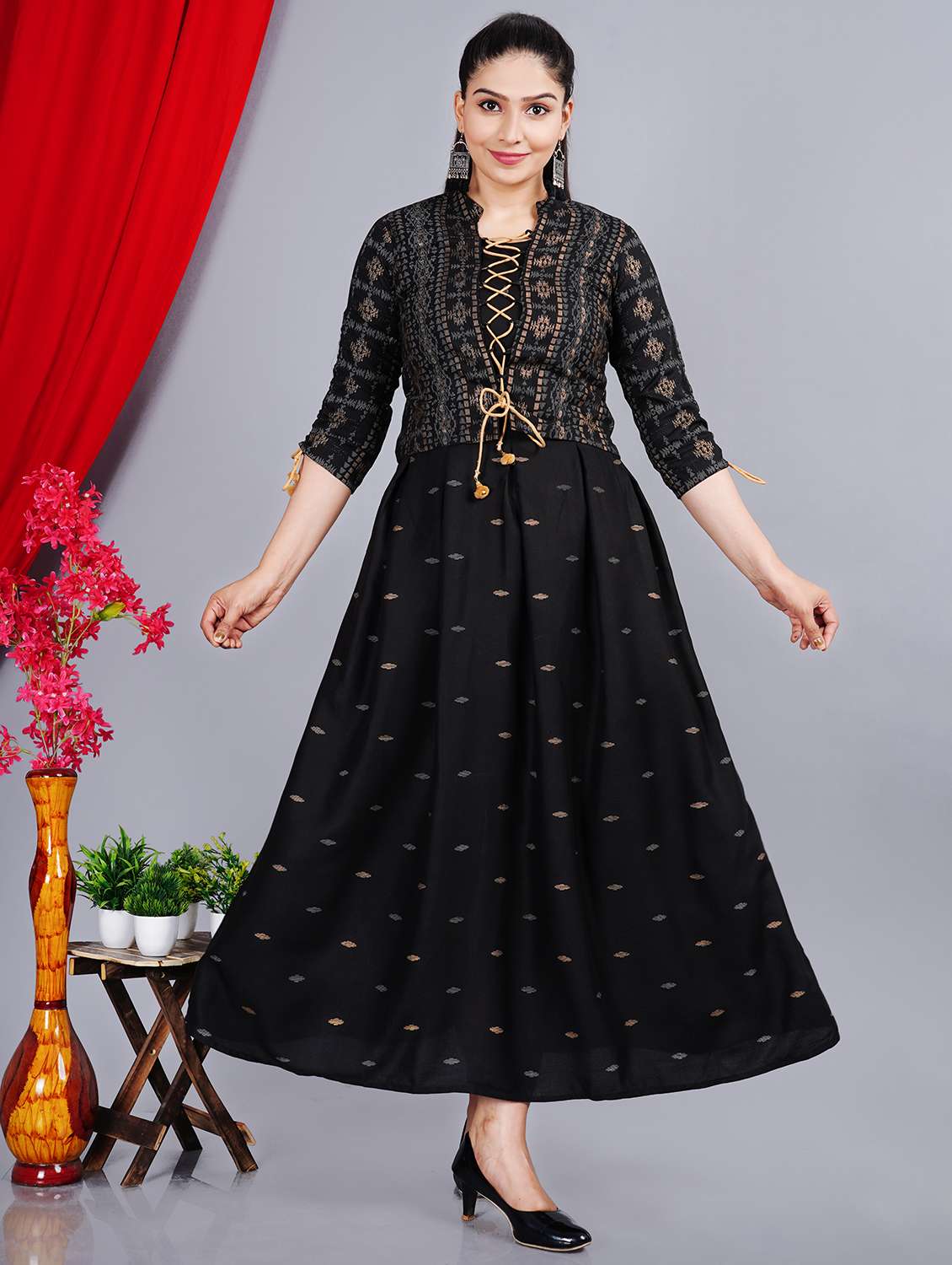 women printed three quarter sleeve kurta with jacket ethnic dress - 22078424 - Standard Image - 2