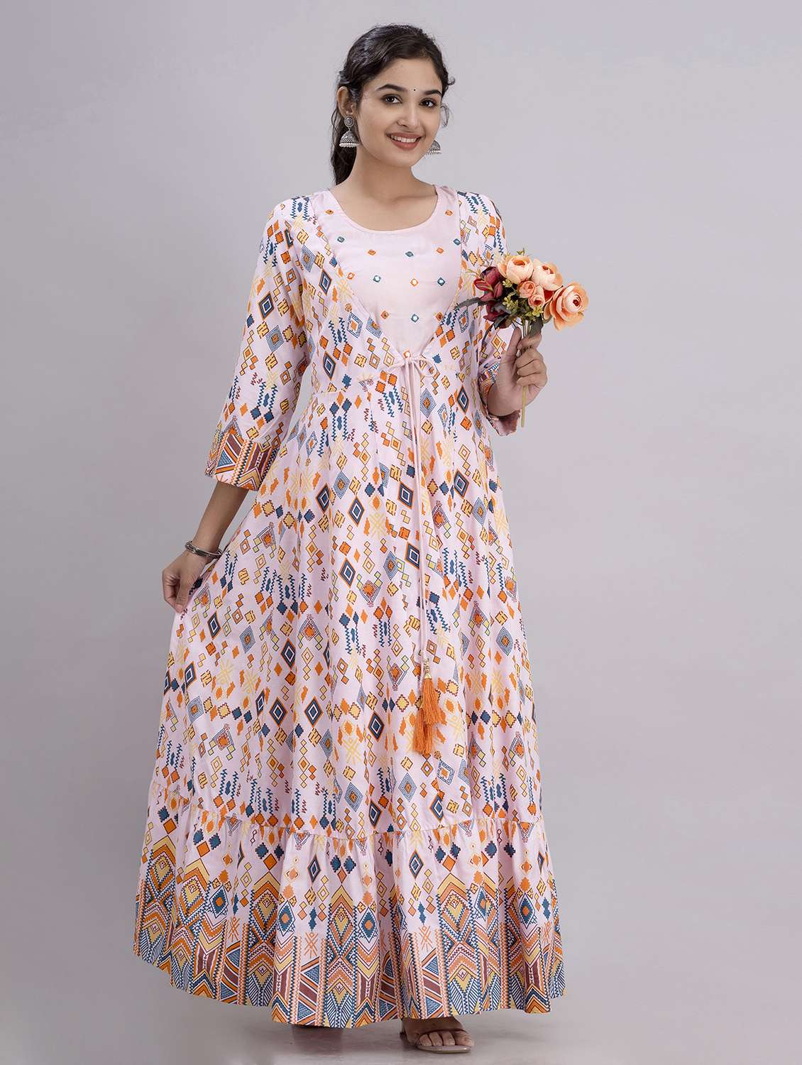 women printed three quarter sleeve tiered ethnic dress - 22078425 - Standard Image - 2