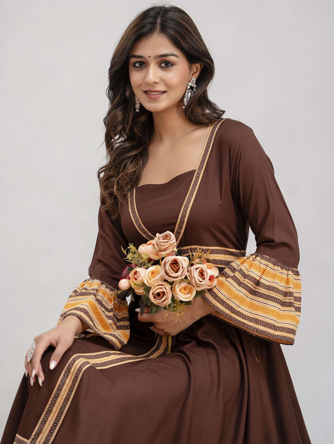 women printed bell sleeve flared ethnic dress - 22078426 - Standard Image - 2