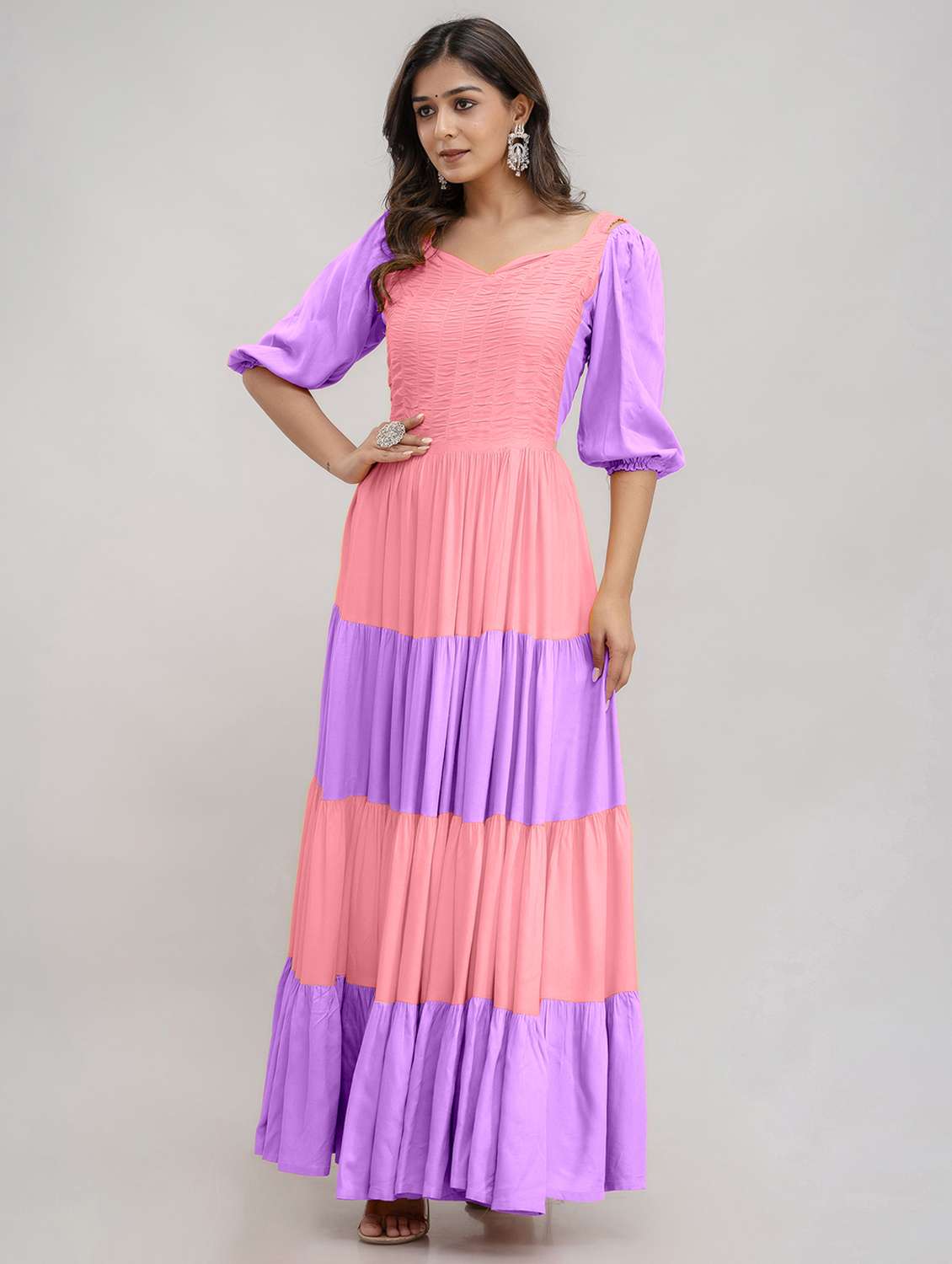 women color block puff sleeve tiered maxi dress - 22078427 - Standard Image - 2