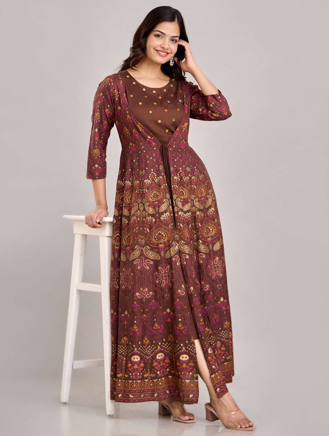 women printed three quarter sleeve flared ethnic dress - 22078429 - Standard Image - 2
