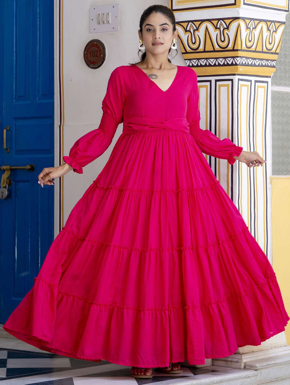 women solid long sleeve tiered ethnic dress - 22078431 - Standard Image - 2