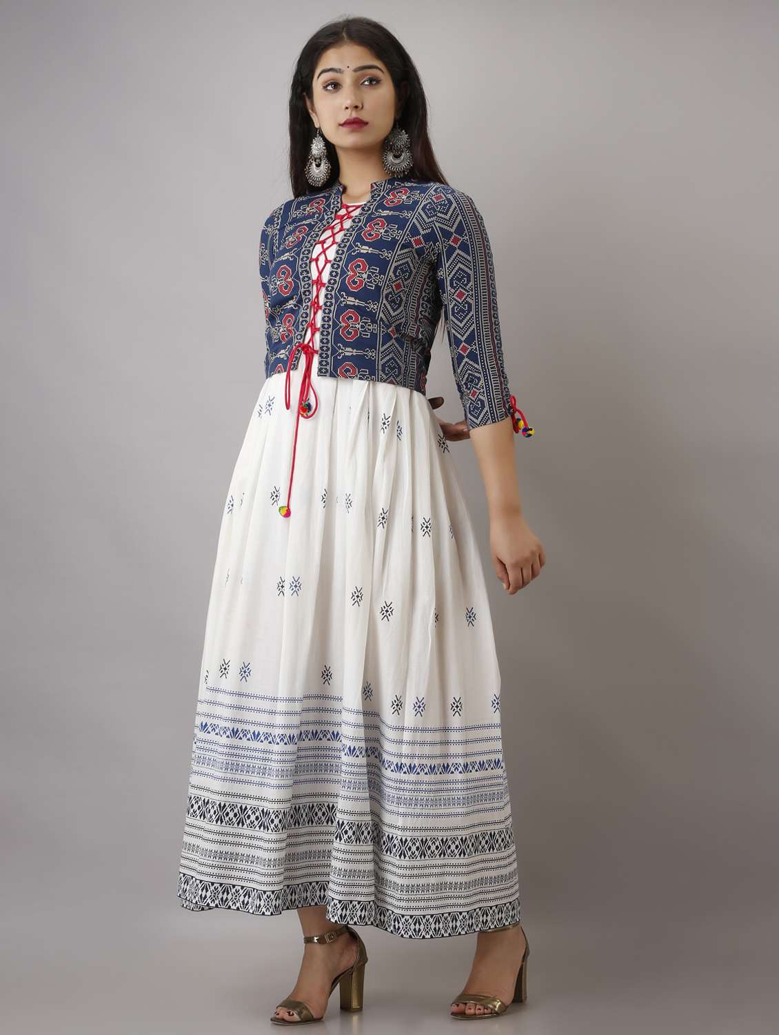 women printed three quarter sleeve kurta with jacket ethnic dress - 22078432 - Standard Image - 2