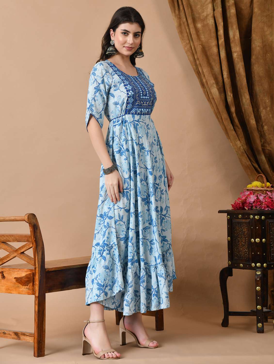 women floral printed three quarter sleeve tiered ethnic dress - 22078433 - Standard Image - 2
