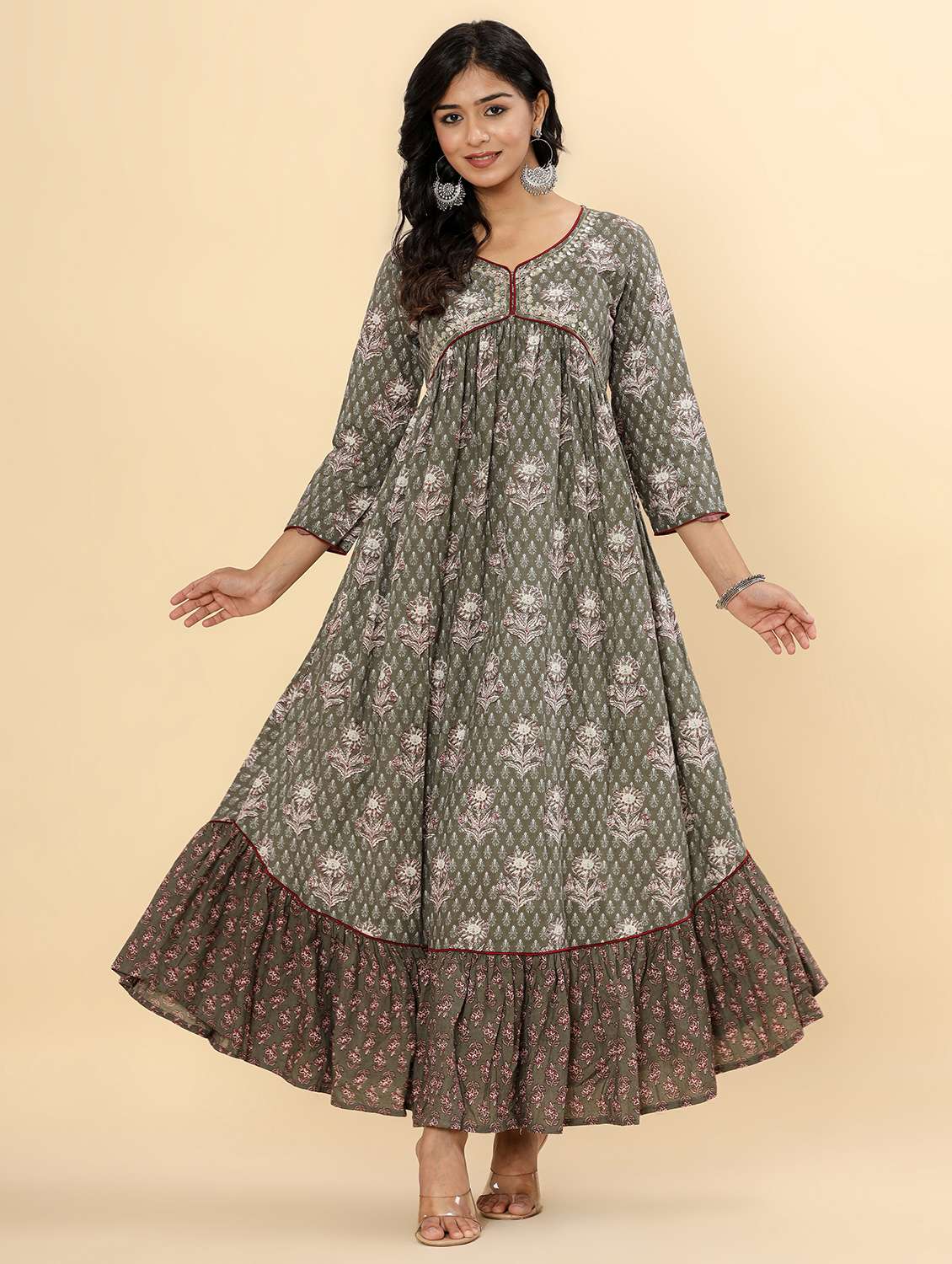 women printed three quarter sleeve tiered ethnic dress - 22078434 - Standard Image - 2
