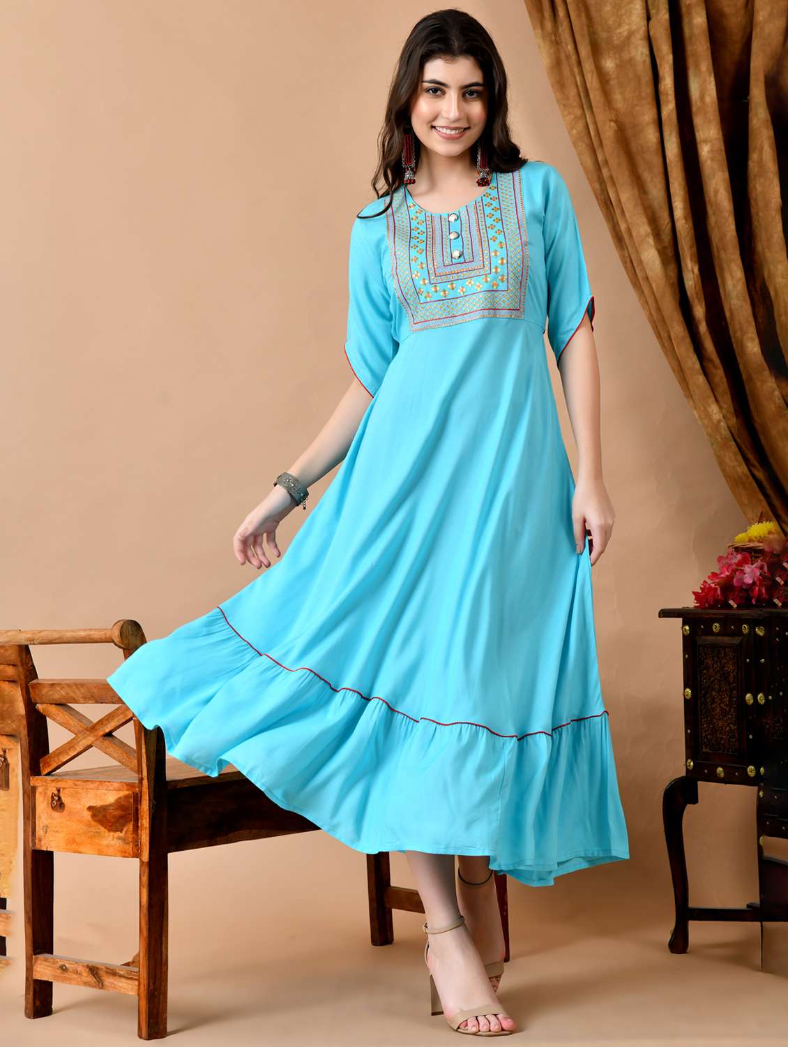 women embroidered round neck tiered dress - 22078435 - Standard Image - 2