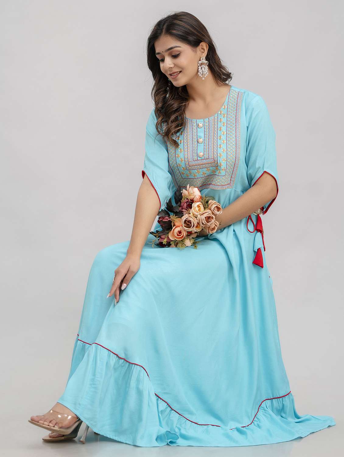 women embroidered three quarter sleeve tiered ethnic dress - 22078436 - Standard Image - 2
