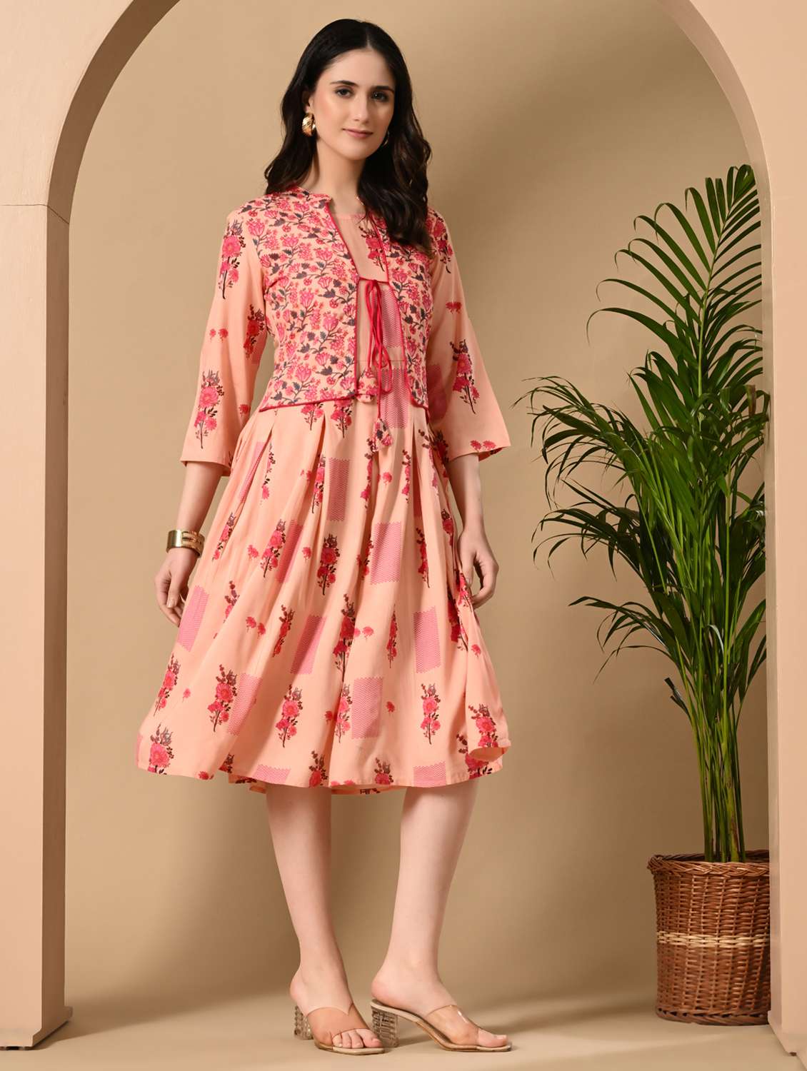 women floral printed three quarter sleeve flared ethnic dress - 22078437 - Standard Image - 2