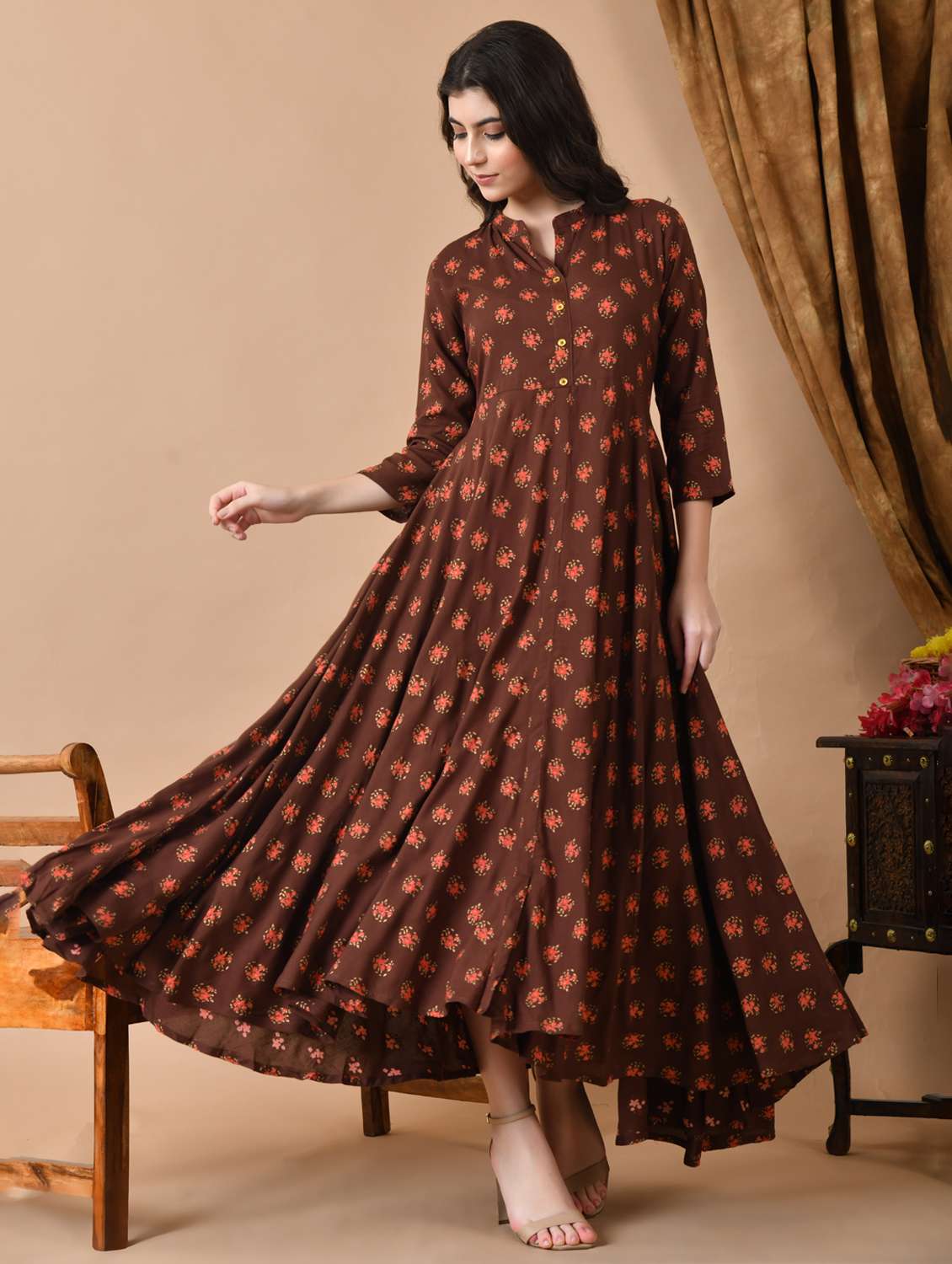 women floral printed three quarter sleeve flared ethnic dress - 22078438 - Standard Image - 2