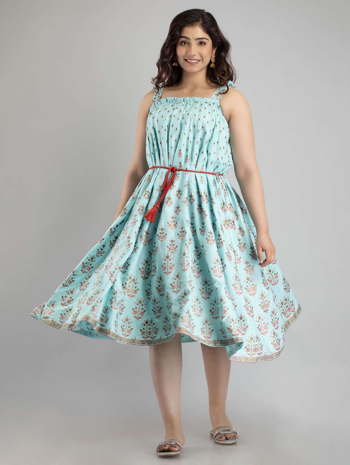 women printed shoulder strap flared ethnic dress - 22078443 - Standard Image - 2