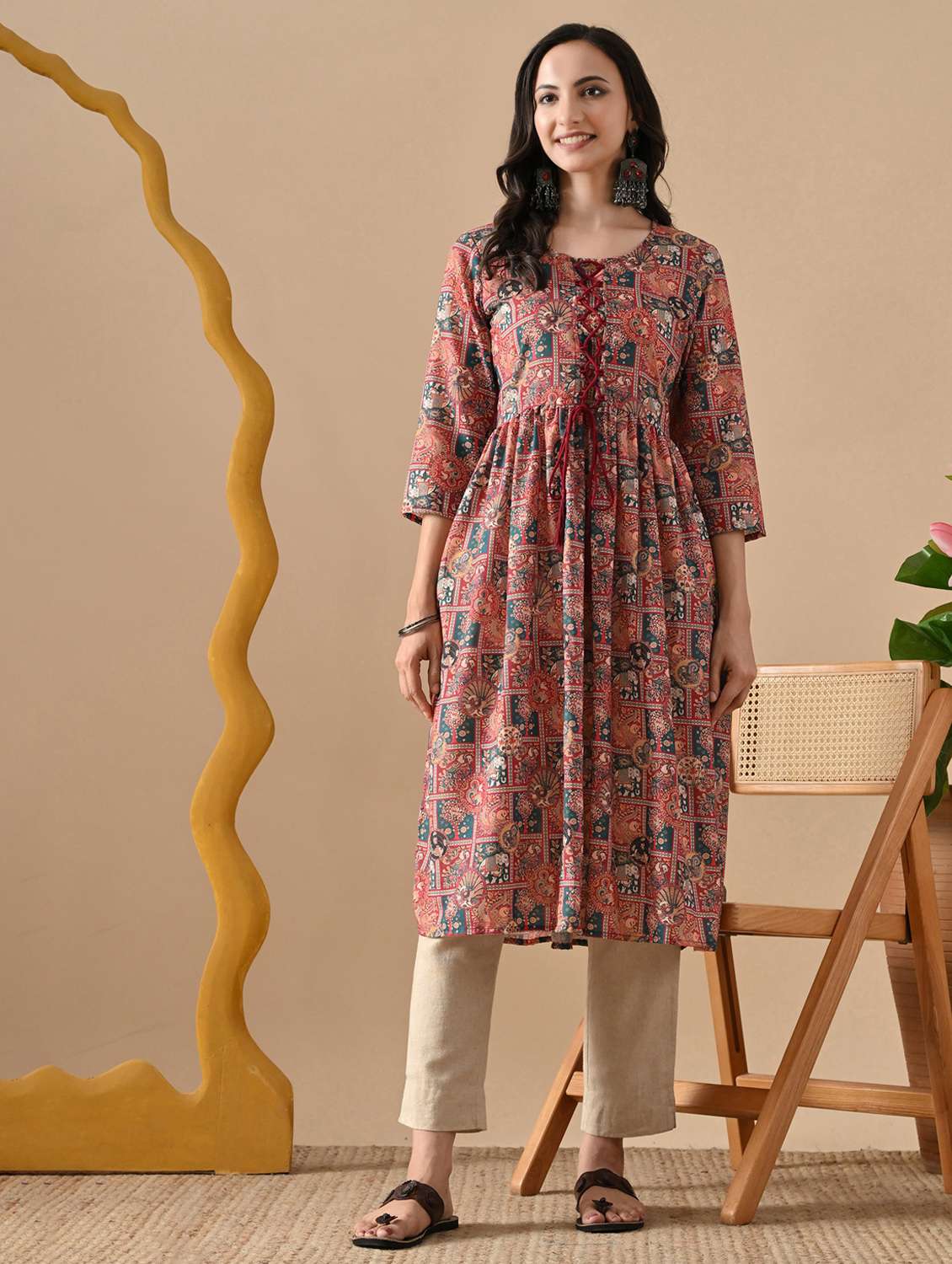 women printed three quarter sleeve a-line kurta