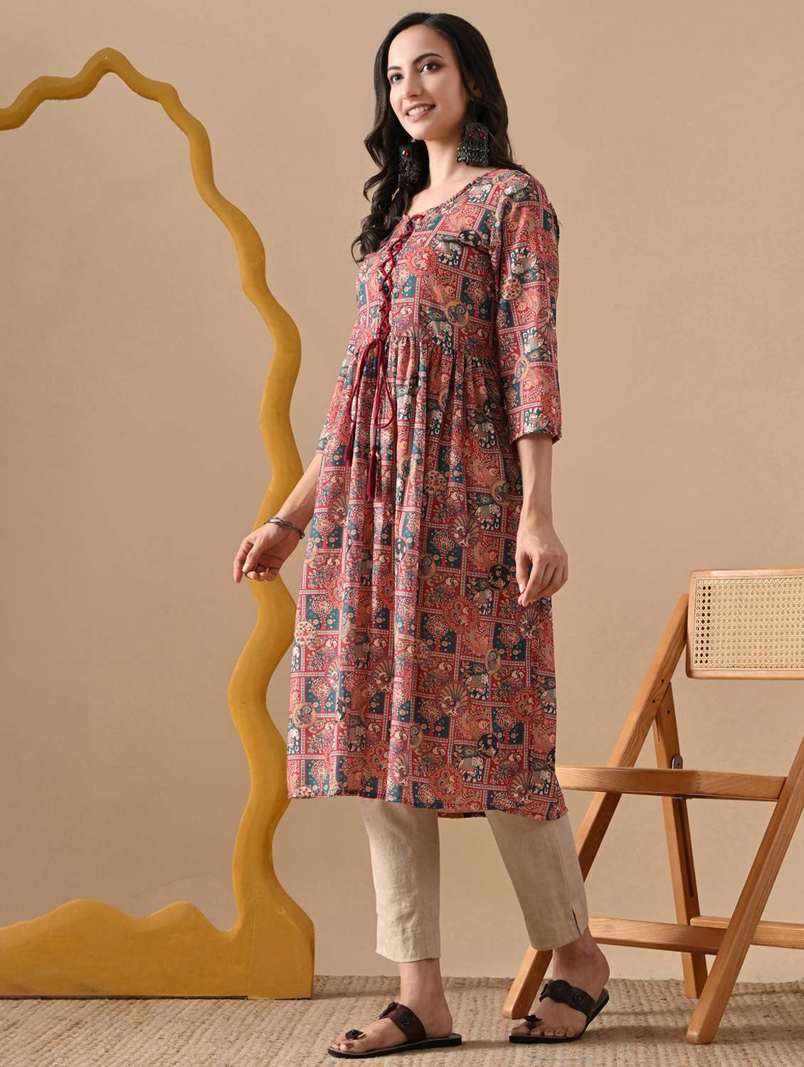 women printed three quarter sleeve a-line kurta - 22078444 - Standard Image - 2