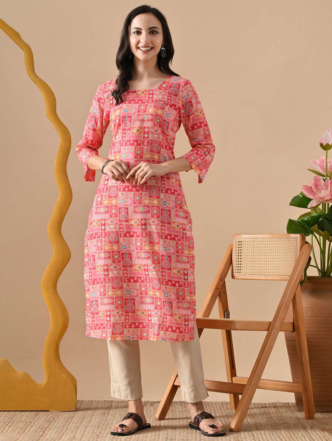 women printed three quarter sleeve straight kurta