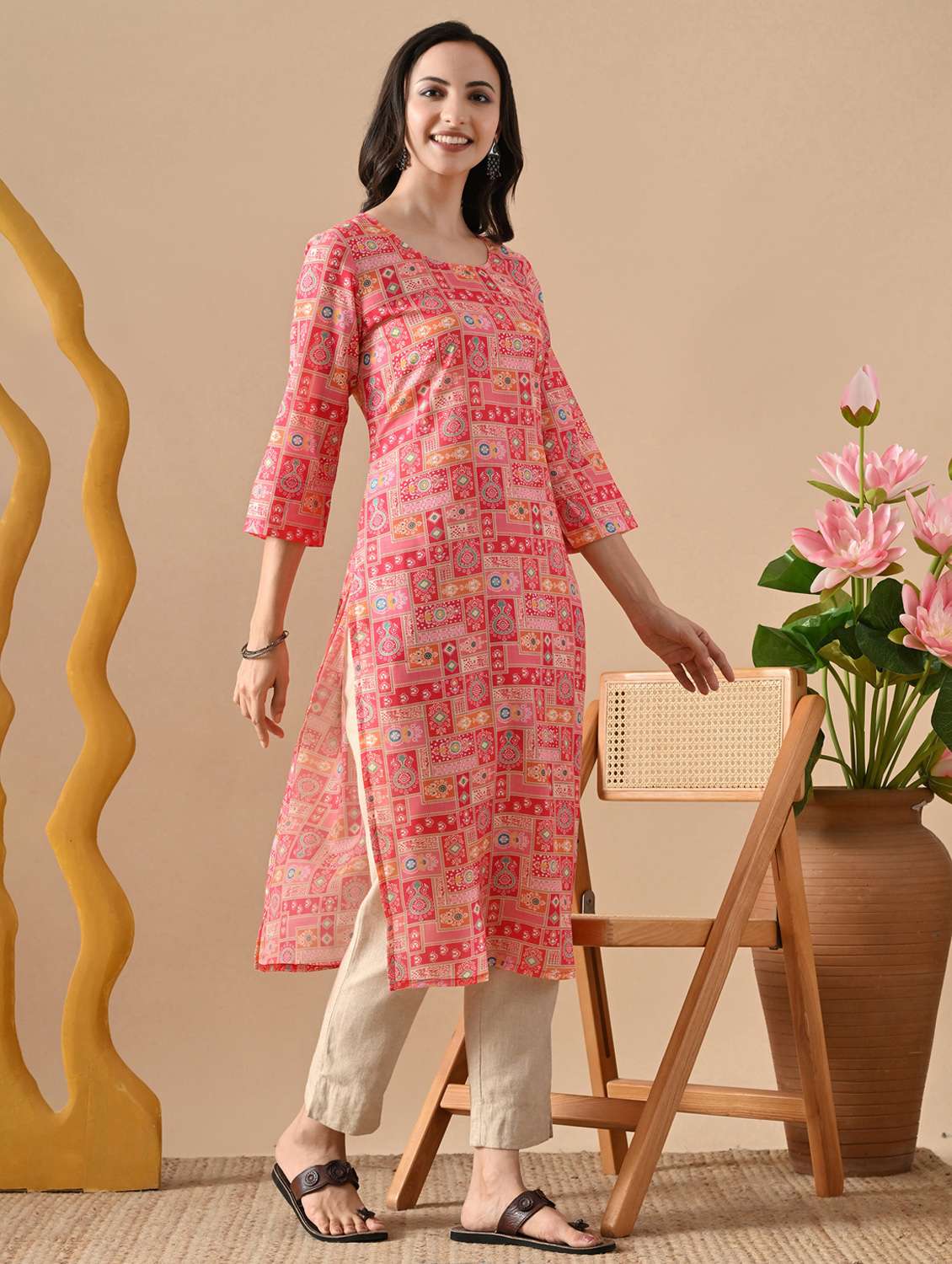 women printed three quarter sleeve straight kurta - 22078445 - Standard Image - 2