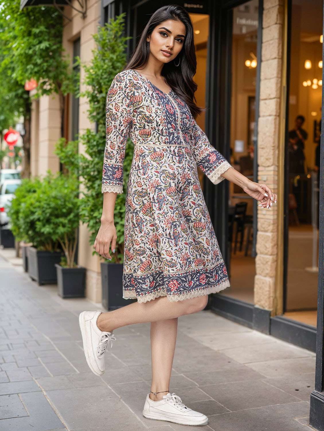 women floral printed three quarter sleeve ethnic dress - 22078460 -  Standard Image - 2