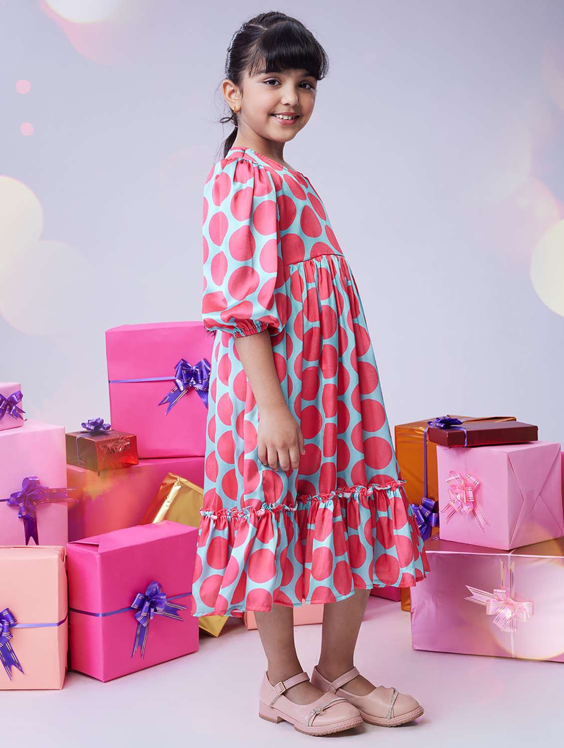 girls polka doted puff sleeve tiered dress - 22078497 - Standard Image - 2