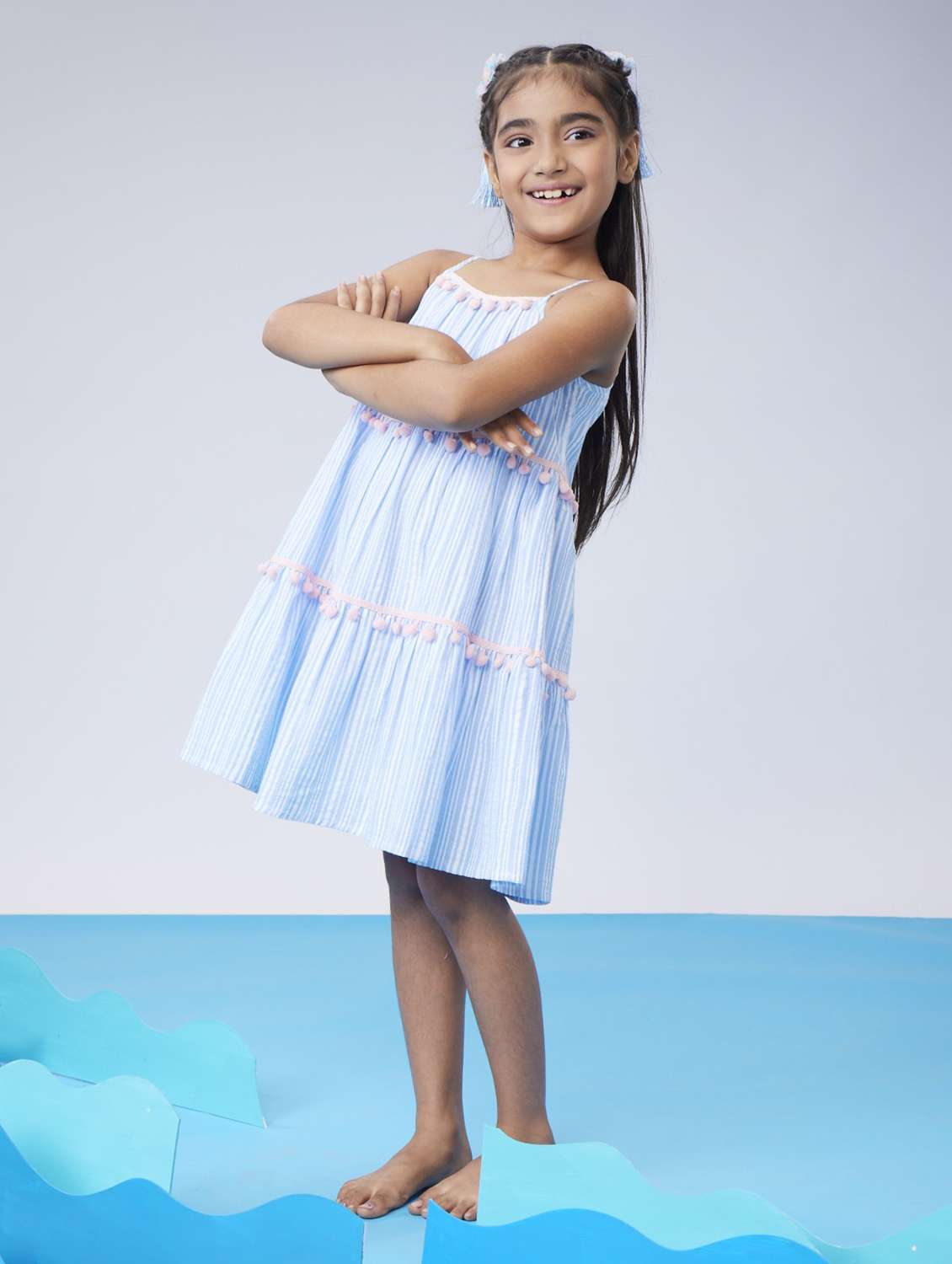 girls striped shoulder strap tiered dress - 22078501 - Standard Image - 2
