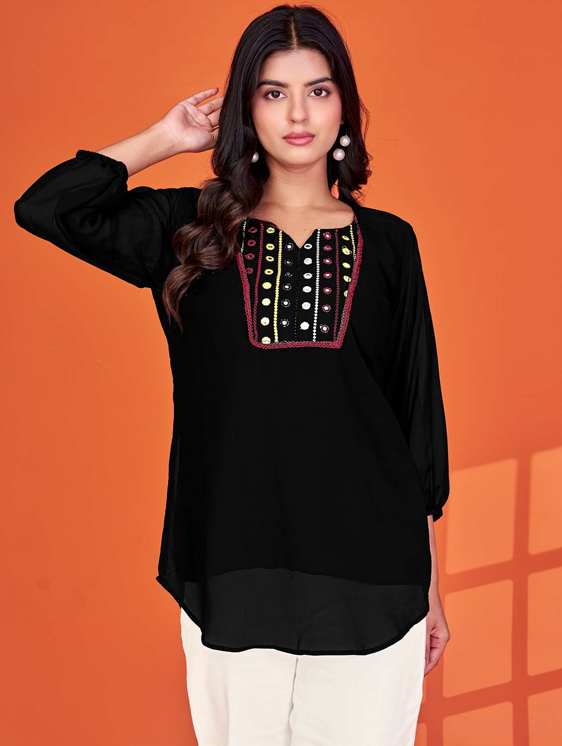 women black embroidered  notch neck tunic