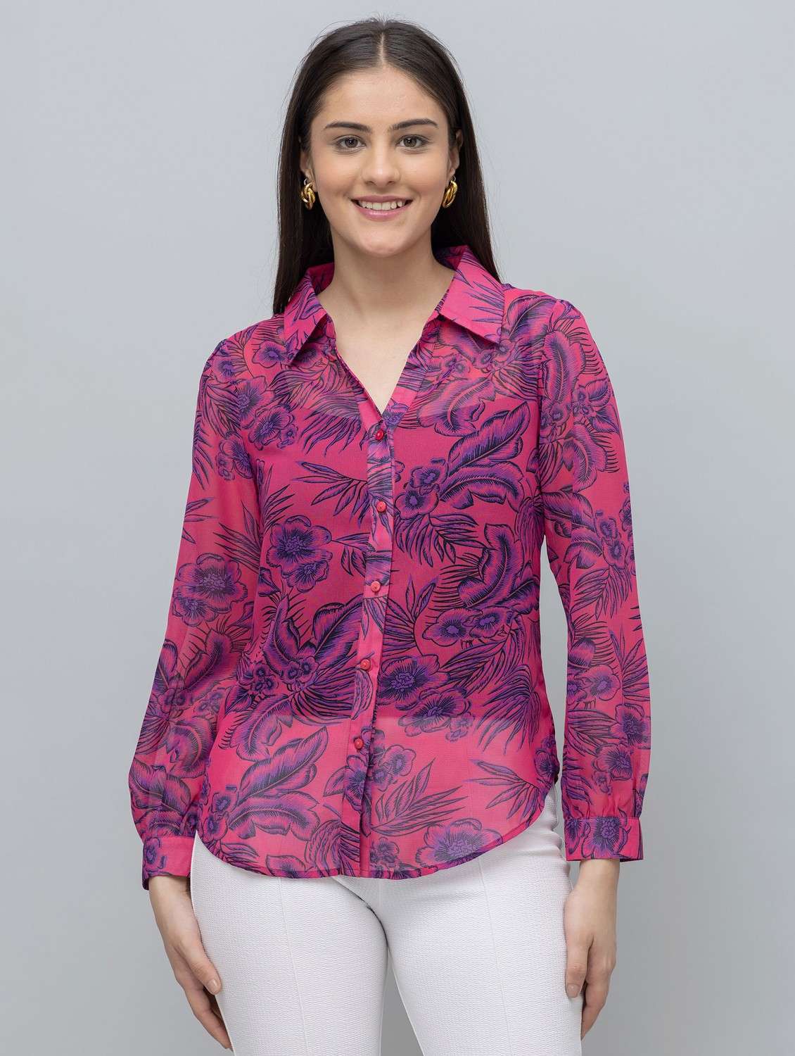 women floral print collared long sleeve shirt