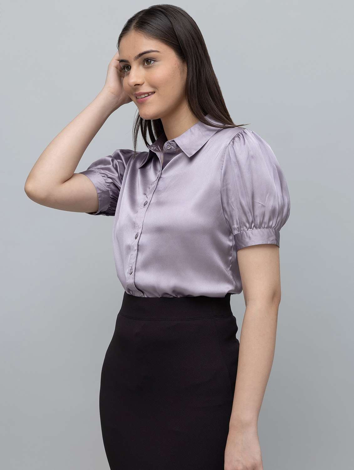 women solid puff sleeve collared shirt - 22078509 -  Standard Image - 2