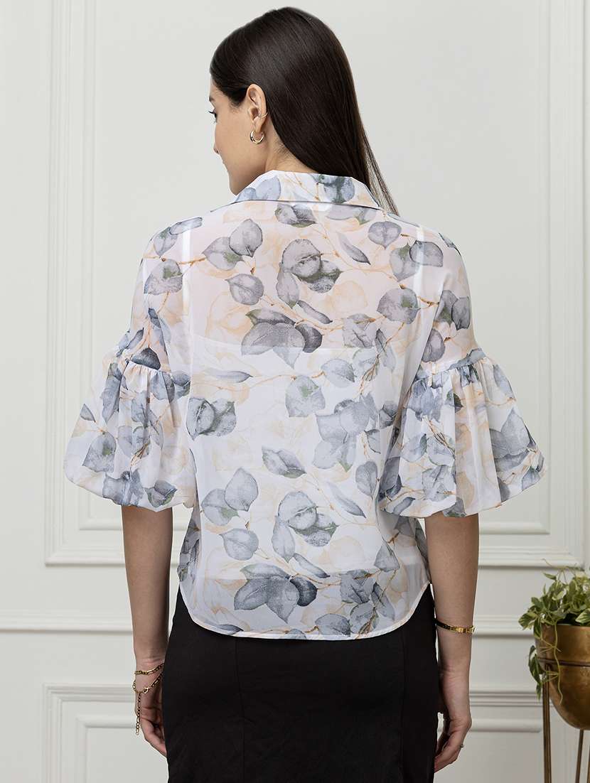 women printed bell sleeve collared shirt - 22078514 -  Standard Image - 2
