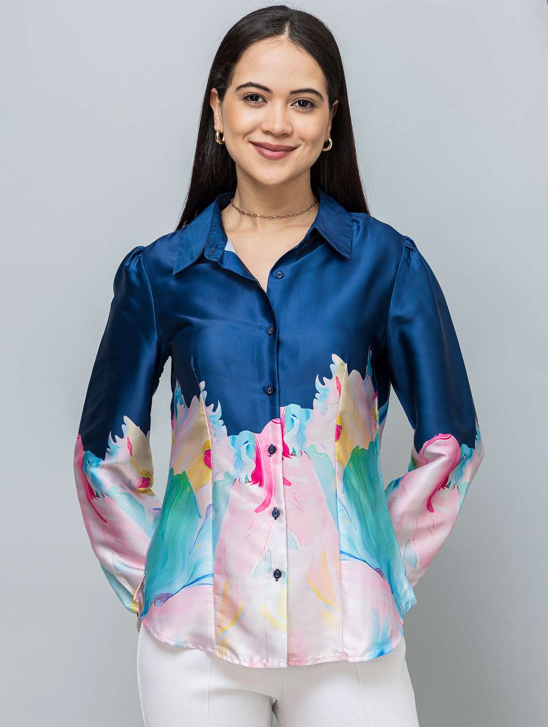 women printed long sleeve collared shirt