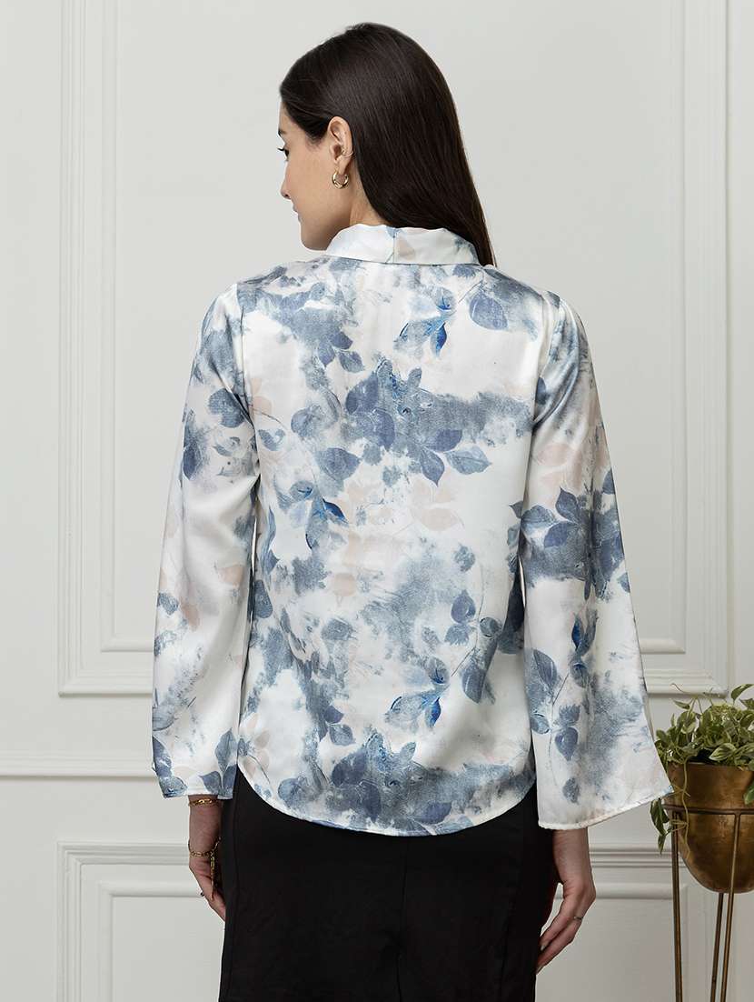 women printed bell sleeve tie up neck top - 22078518 - Standard Image - 2