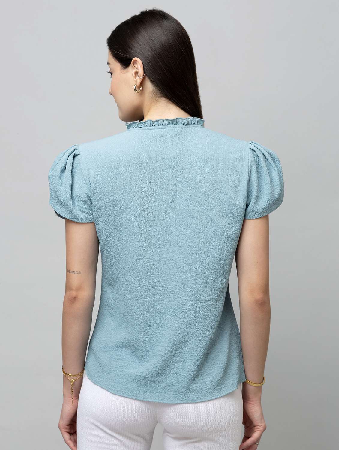 women solid puff sleeve regular top - 22078525 - Standard Image - 2